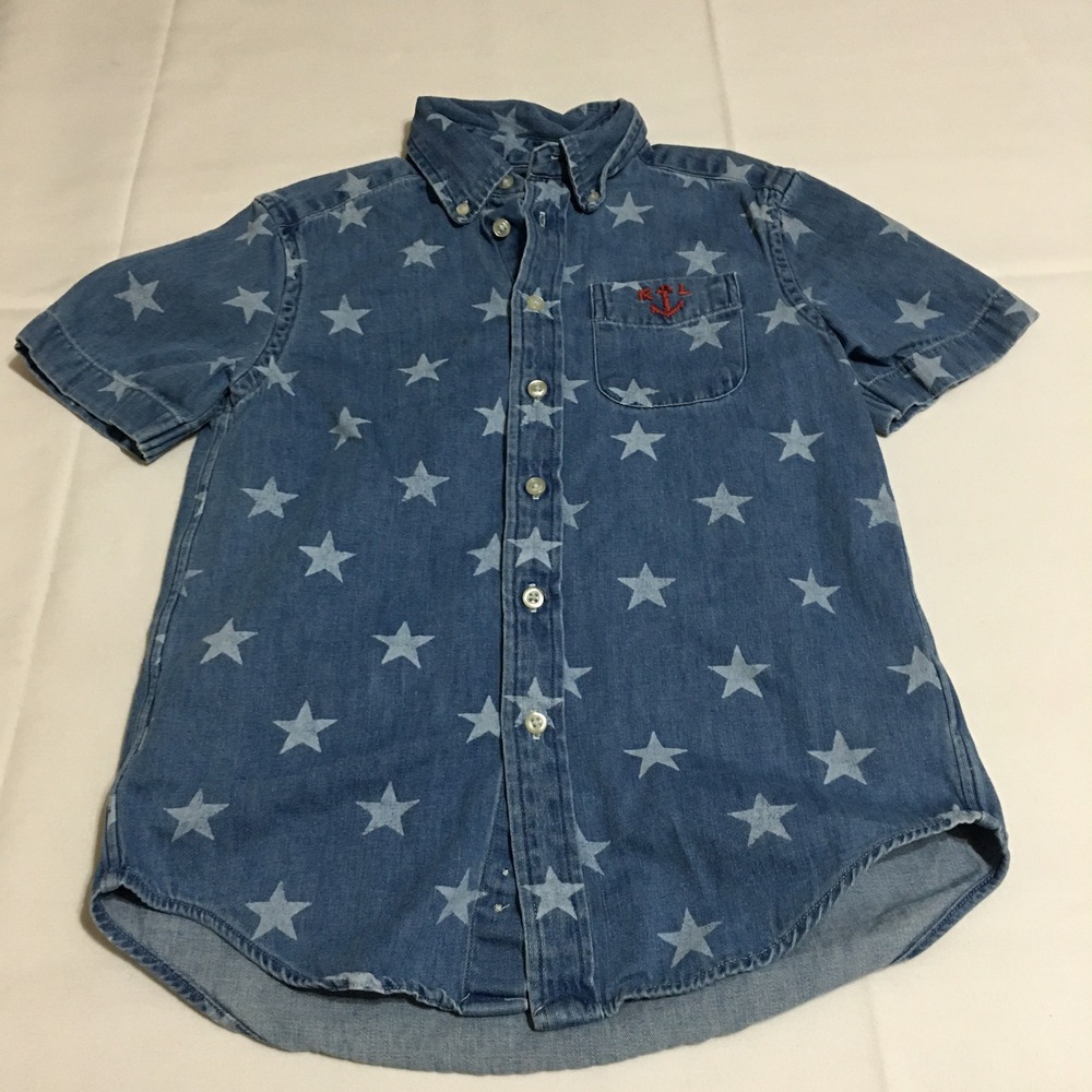 Ralph Lauren Short Sleeve Button Down Shirt Boys Small Blue Star Print Denim